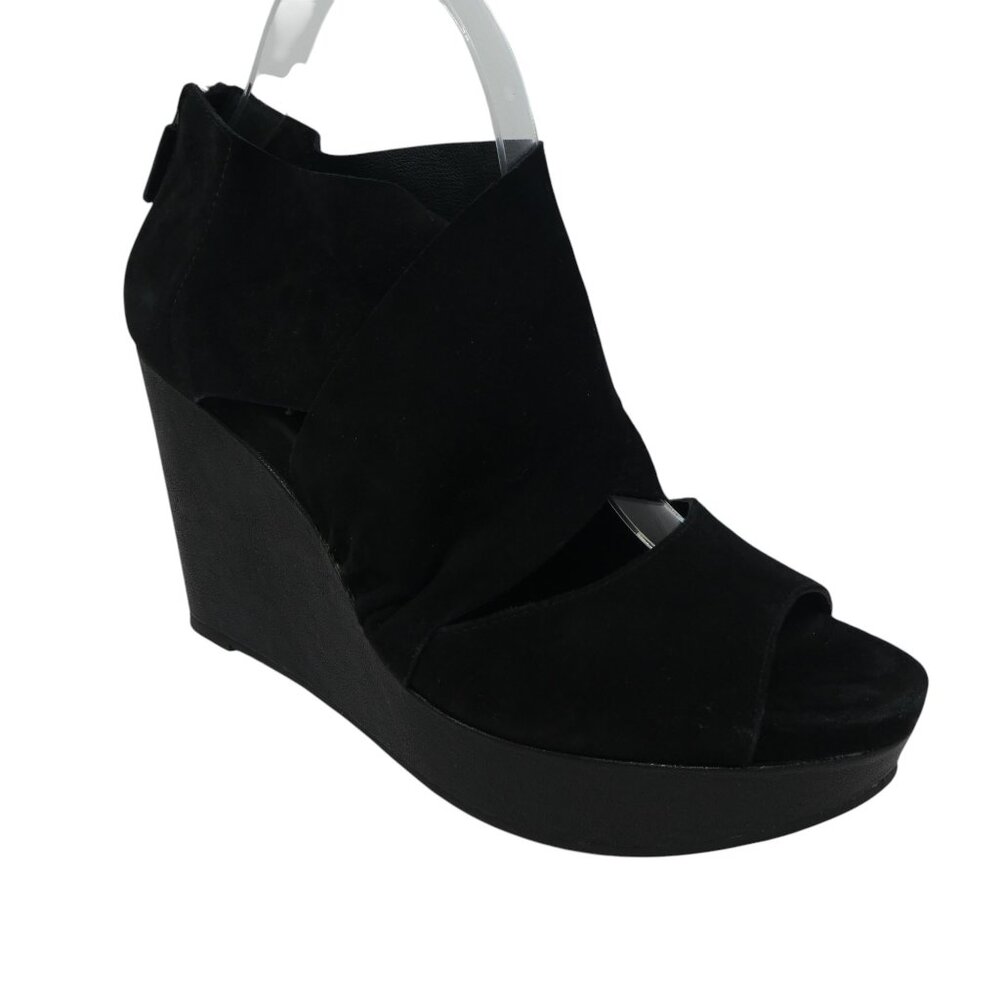 Eileen Fisher Black Leather Open Toe Platform Wedge Sandals Womens 9